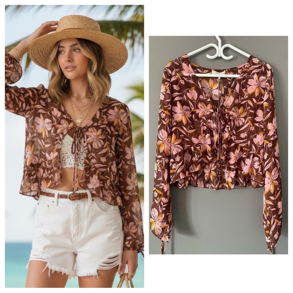 WAYF Brown Floral Mesh Top L Sheer Boho Festival Blouse Summer Vacation
